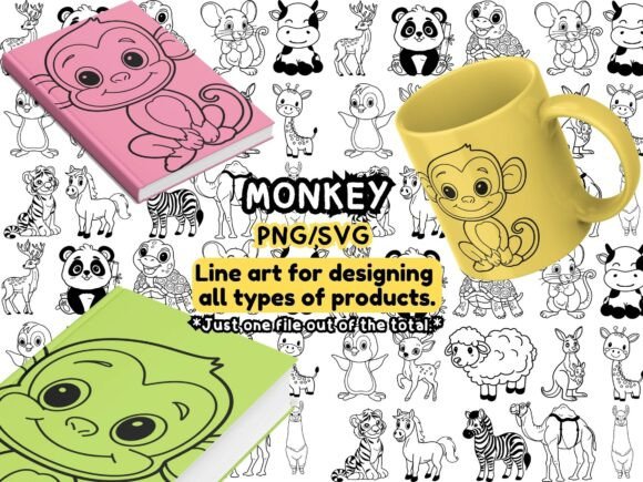 Monkey Line Art SVG PNG – Cute Jungle